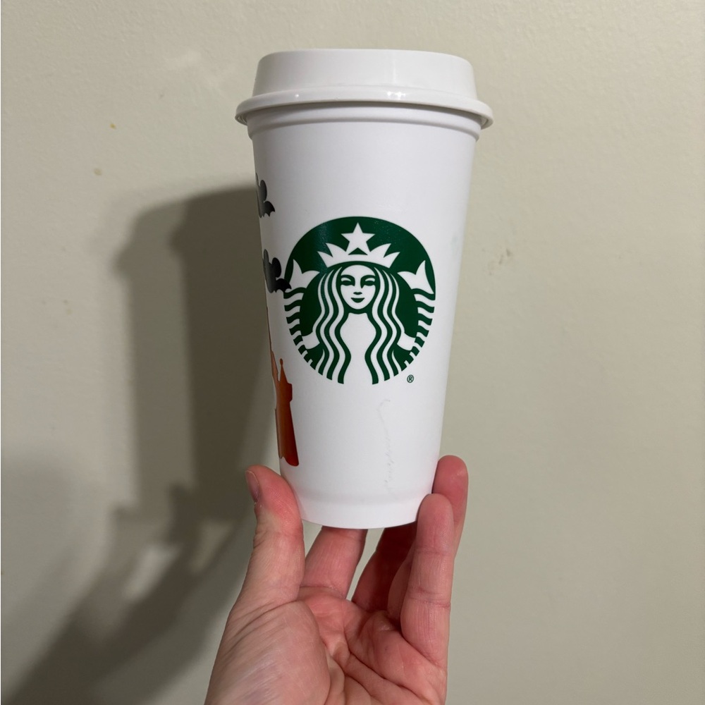 Starbucks White Reusable Coffee Cup with Halloween Design